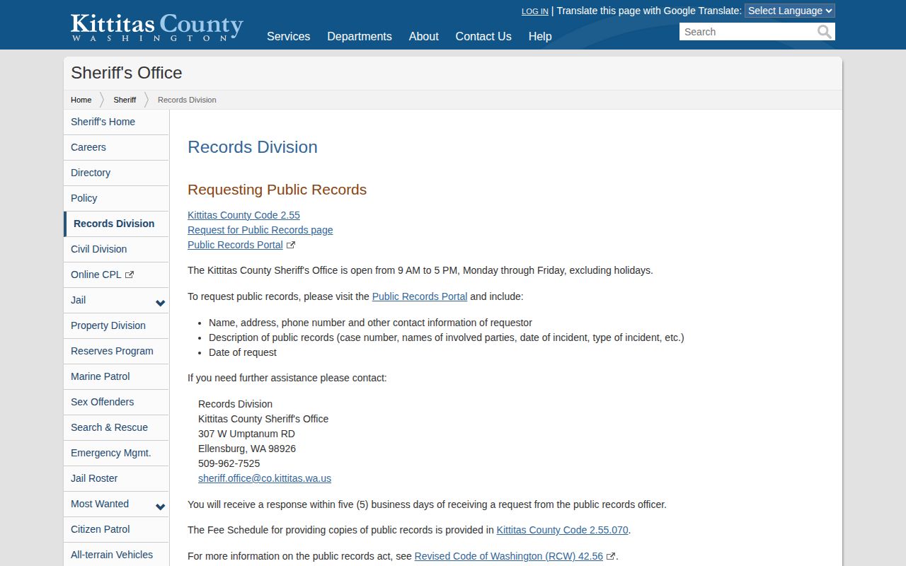 Kittitas County booking records request page