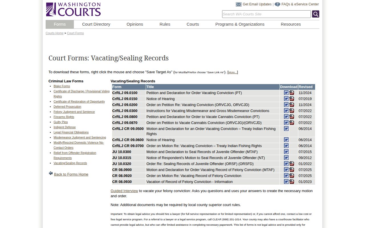 Washington booking record sealing and vacation forms